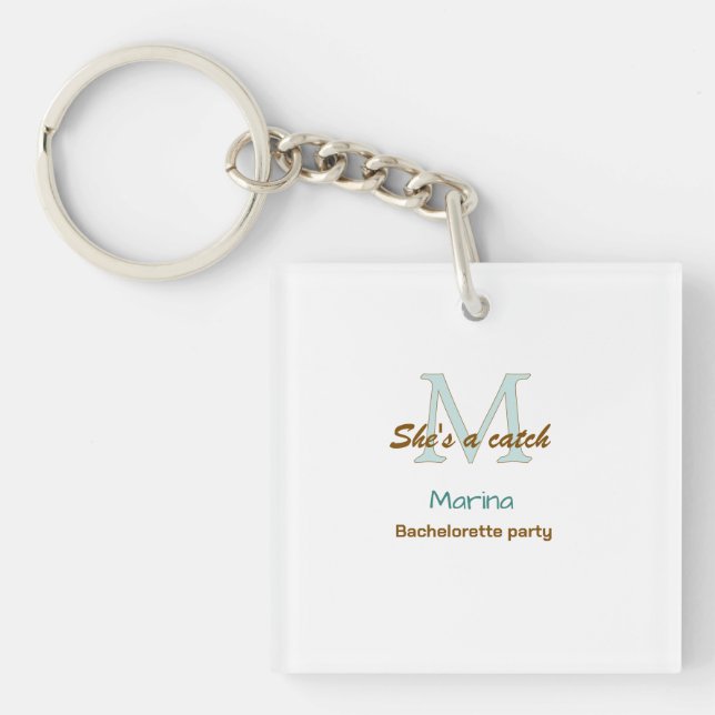 She's a catch blue monogram bachelorette party bro key ring (Front)