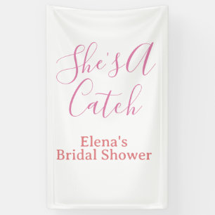 she's a catch bridal shower name date pink purple banner