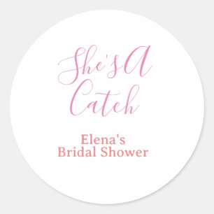 she's a catch bridal shower name date pink purple classic round sticker