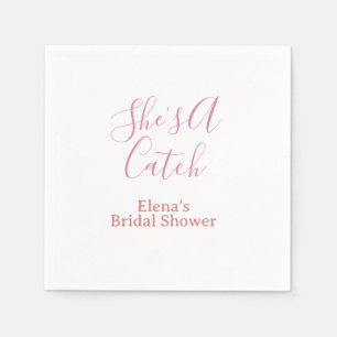 she's a catch bridal shower name date pink purple napkin