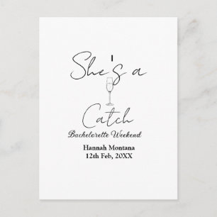She's a catch champagne bottle bachelorette weeken postcard