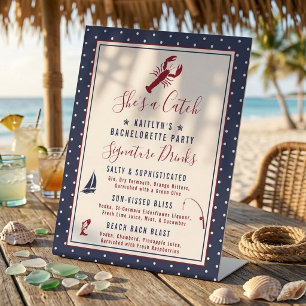 She's A Catch Coastal Bachelorette Party Cocktails Pedestal Sign