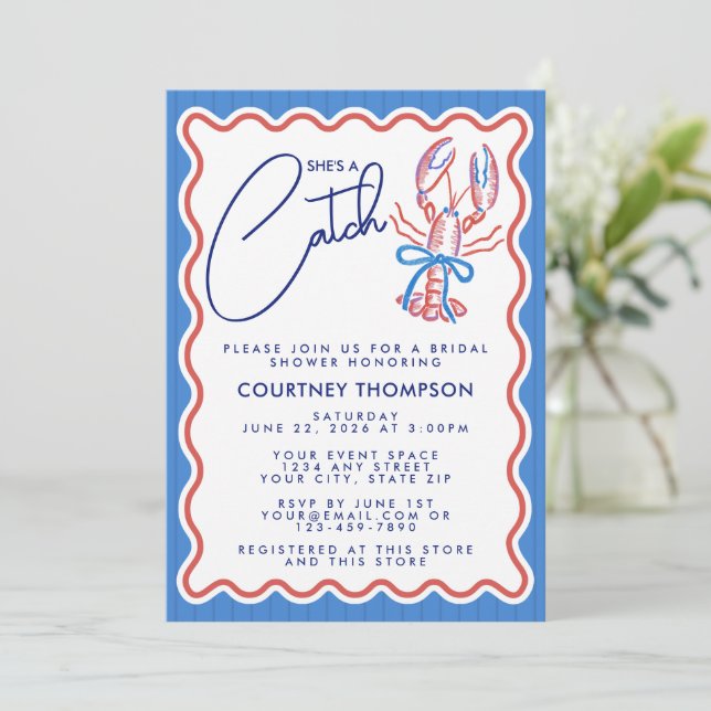 She's A Catch Coastal Lobster Bridal Shower Invitation (Standing Front)