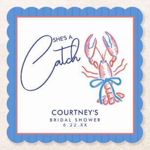 She's A Catch Coastal Lobster Bridal Shower Paper Coaster