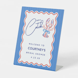 She's A Catch Coastal Lobster Bridal Shower Pedestal Sign