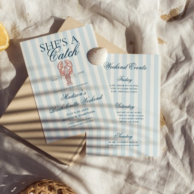 She's a catch Lobster Blue Striped Bachelorette Invitation (Creator Uploaded)