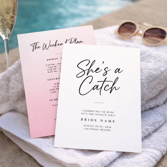 She's a Catch Modern Script Bachelorette Weekend Invitation (Creator Uploaded)