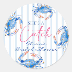 She's a Catch Preppy Coastal Crab Bridal Shower Classic Round Sticker