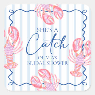 She's a Catch Preppy Coastal Lobster Bridal Shower Square Sticker