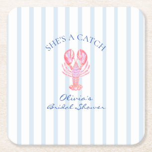 She's a Catch Preppy Lobster Bridal Shower Square Paper Coaster