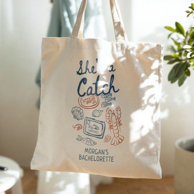 She's A Catch Seafood Coastal Bachelorette Tote Bag (Creator Uploaded)