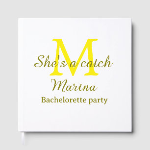She's a catch yellow monogram bachelorette party n guest book
