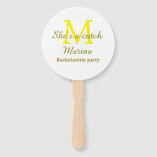 She's a catch yellow monogram bachelorette party n hand fan