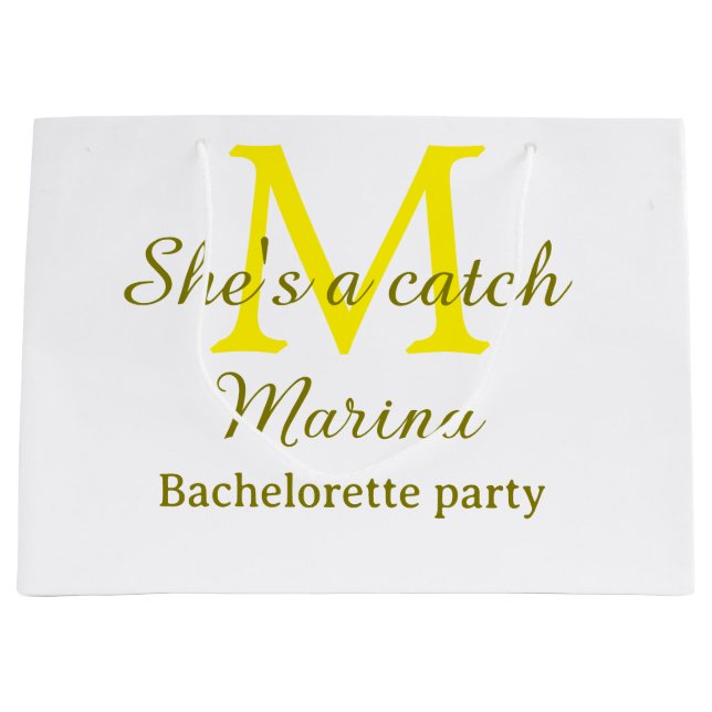 She's a catch yellow monogram bachelorette party n large gift bag (Front)