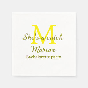 She's a catch yellow monogram bachelorette party n napkin