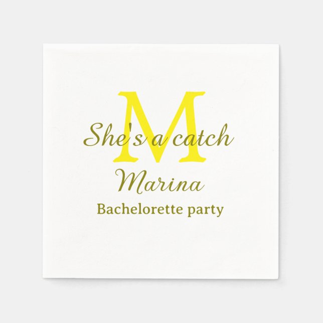 She's a catch yellow monogram bachelorette party n napkin (Front)