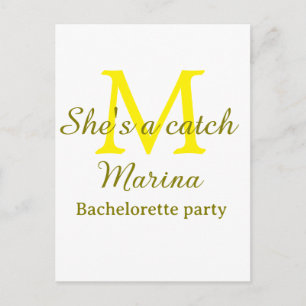 She's a catch yellow monogram bachelorette party n postcard