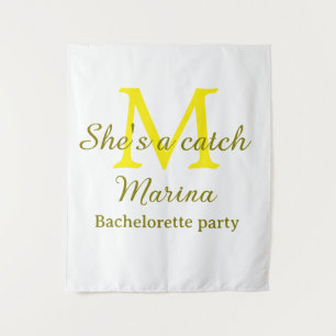 She's a catch yellow monogram bachelorette party n tapestry