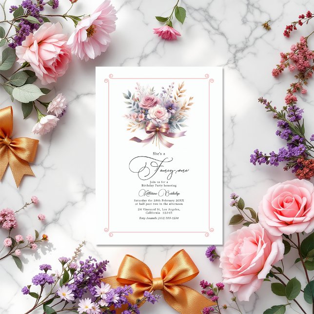 "She's a Fancy One" Bow Floral 1st Birthday Party Invitation ("She's a Fancy One" Bow Floral 1st Birthday Party Invitation)