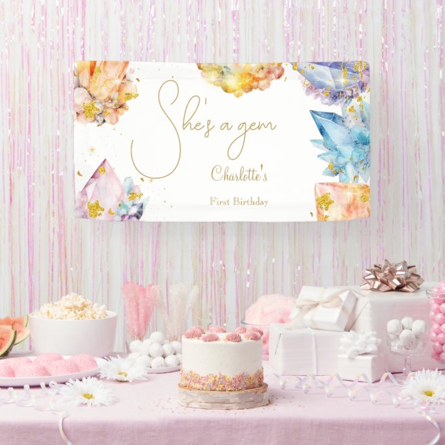She's a Gem Birthday Crystals Girl's watercolor Banner (Party)