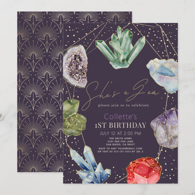 She's a Gem Crystals Gemstone Geology 1st Birthday Invitation (Front/Back)