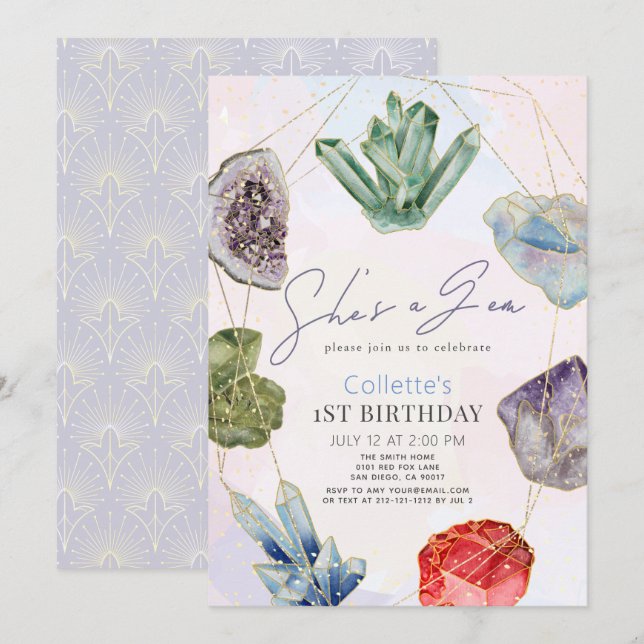 She's a Gem Crystals Gemstone Geology 1st Birthday Invitation (Front/Back)