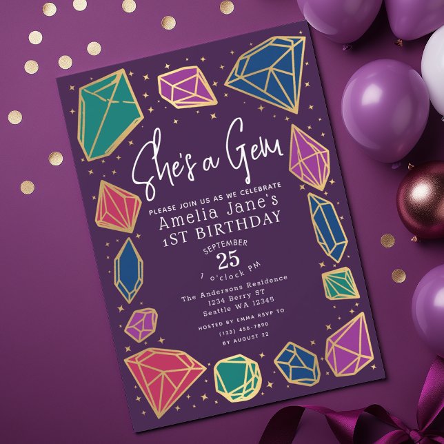 She's a Gem Crystals Gemstone Geology Kid Birthday Invitation (Creator Uploaded)