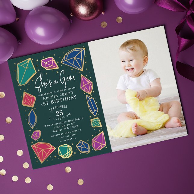 She's a Gem Crystals Gemstone Kid Photo Birthday Invitation (Creator Uploaded)