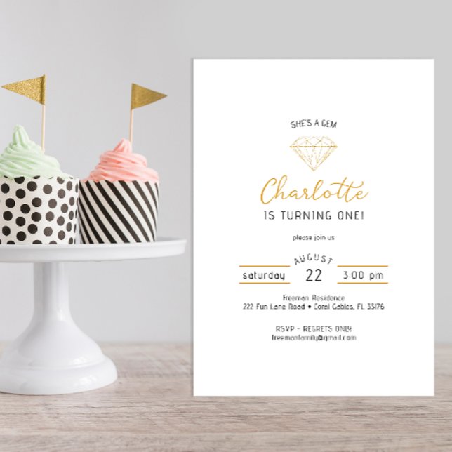 Shes a Gem Gold Diamond Birthday Invitation (modern minimalist glitter gold gem birthday party invitation)