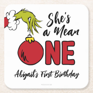 She's a Mean One Grinch Birthday Square Paper Coaster