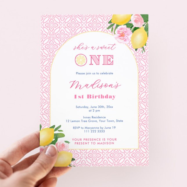 She's A Sweet One Lemons Pink 1st Birthday Party Invitation (Sweet One Citrus-themed pink floral 1st birthday party invitations for girl)