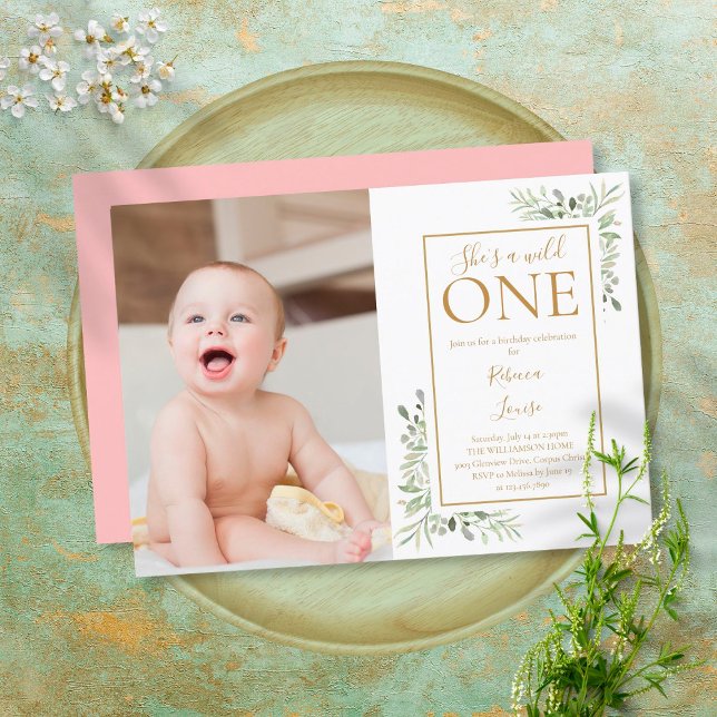 She's A Wild One 1st Birthday Greenery Photo Invitation (Creator Uploaded)
