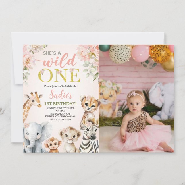 She's a Wild One Floral Safari Birthday Photo Invitation (Front)
