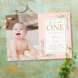 She's A Wild One Pink 1st Birthday Greenery Photo Invitation