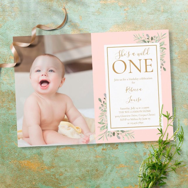 She's A Wild One Pink 1st Birthday Greenery Photo Invitation (Creator Uploaded)