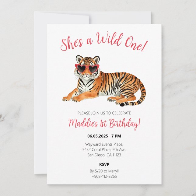 She's a Wild One Tiger Watercolor Birthday Invite (Front)
