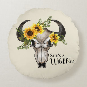 "She's a Wild One" with Skull/Sunflowers Custom Round Cushion