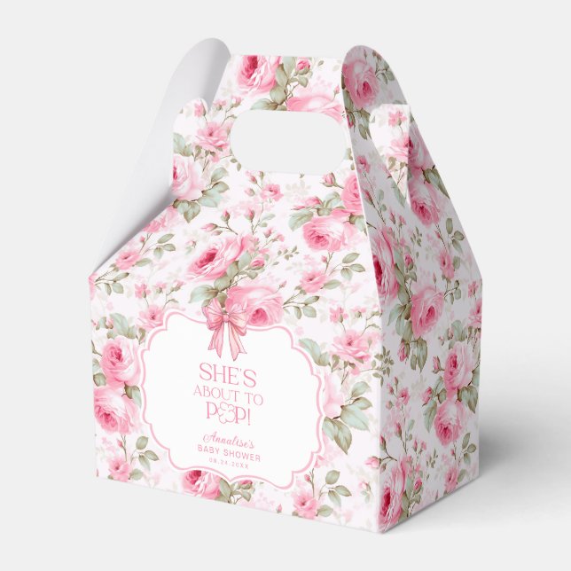 She's About to Pop Pink Bow Baby Shower Favour Box (Front Side)