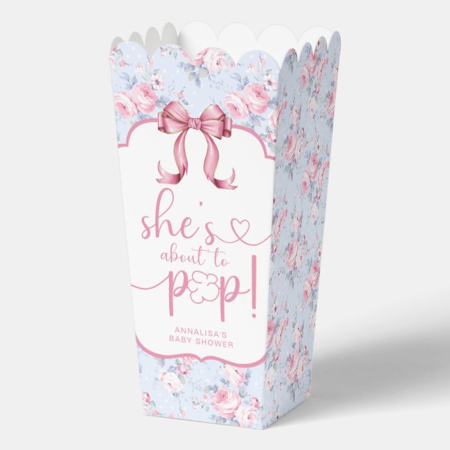 She's About to Pop Pink Bow Baby Shower Popcorn Favour Box (Front)