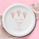 She's Been Scooped Up Bridal Shower Paper Plate<br><div class="desc">This ice cream-themed bridal shower paper plate is decorated with watercolor florals and ice cream cones.
The text says "She's been scooped up!" in stylish pink script typography.
Easily customisable.
Original Watercolor © Michele Davies.</div>