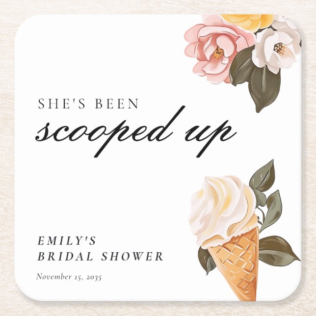She's Been Scooped Up Bridal Shower Square Paper Coaster (Front)