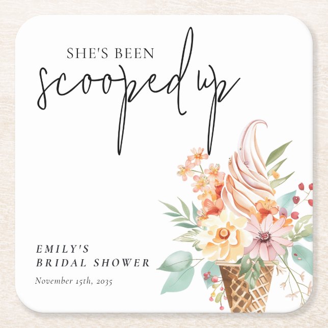 She's Been Scooped Up Bridal Shower Square Paper Coaster (Front)