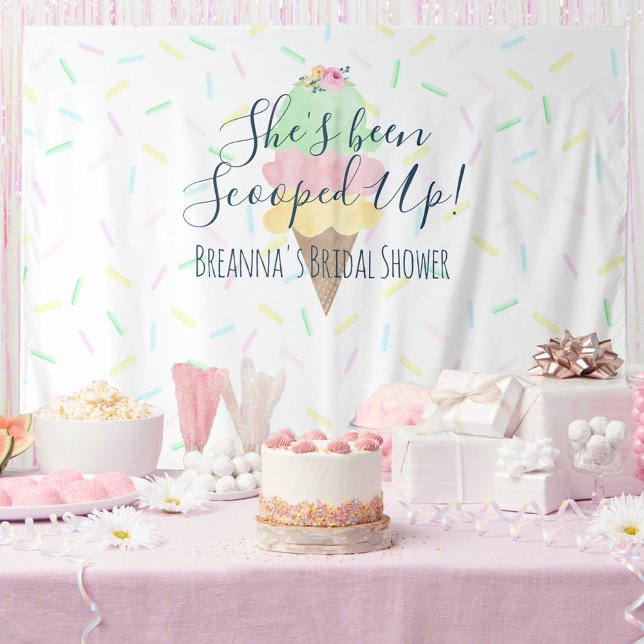 She's Been Scooped Up Ice Cream Backdrop Tapestry (She's Been Scooped Up Personalized with Name Party Bridal Shower Backdrop | Green Pink Yellow)