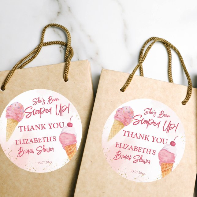 She's been scooped up pink ice cream bridal shower classic round sticker (Bridal shower thank you stickers she's been scooped up ice cream bridal shower favor gift tags)