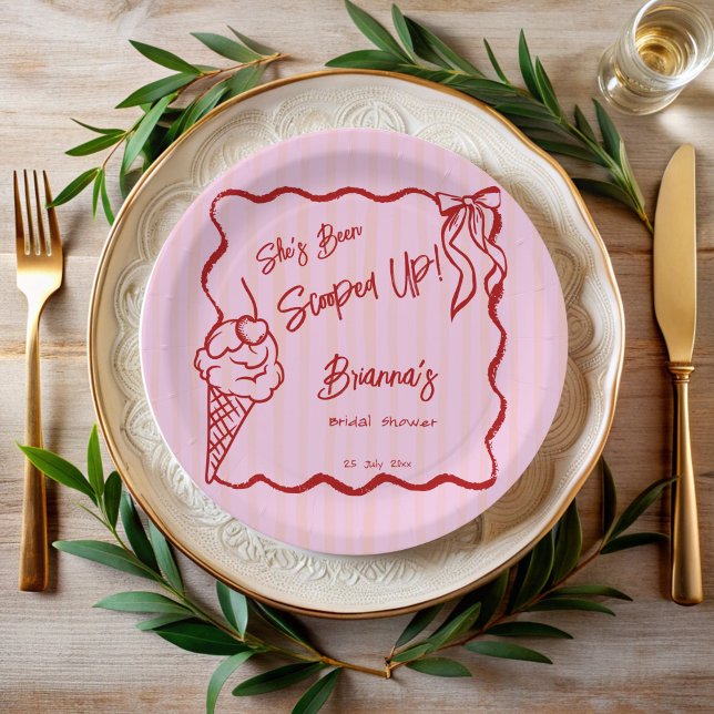 She's been scooped up wavy border sketch bridal paper plate (She's been scooped up handrawn sketch wavy border ice cream bridal shower monogrammed paper plates)