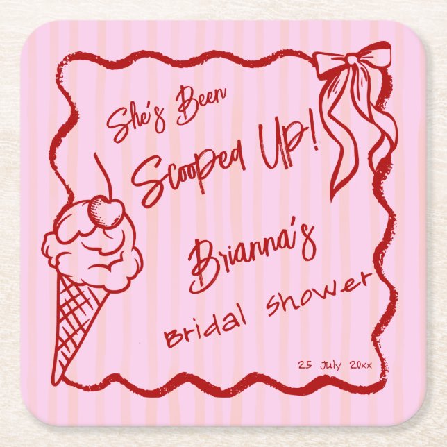 She's been scooped up wavy border sketch bridal square paper coaster (Front)