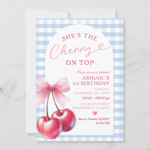 She's Cherry on Top Blue Gingham Pink Birthday Bow Invitation