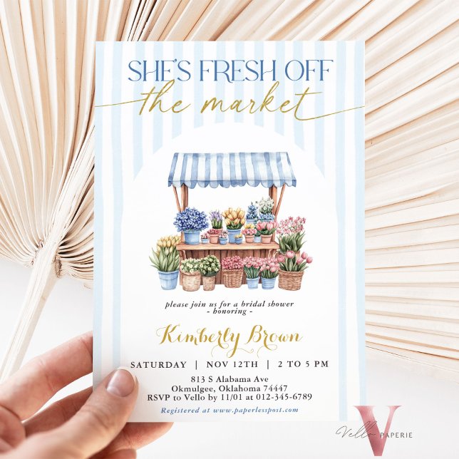 She's Fresh Off the Market Blue Bridal Shower Invitation (Creator Uploaded)