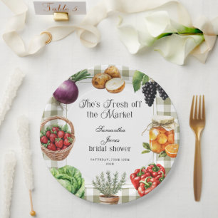 She's Fresh Off The Market Gingham Bridal Shower Paper Plate