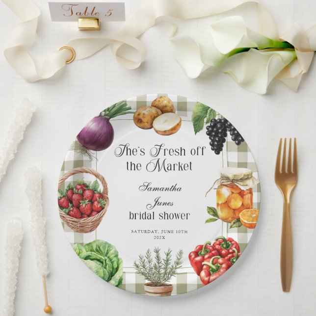 She's Fresh Off The Market Gingham Bridal Shower Paper Plate (Wedding)